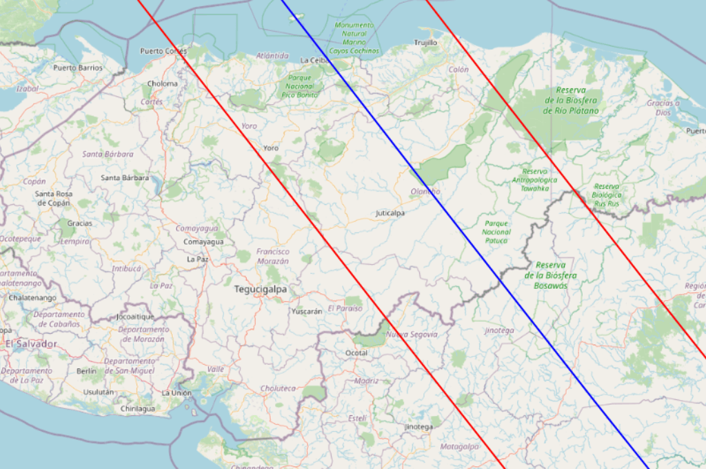 Zonas del territorio hondureño donde será la ruta del eclipse anular solar. Mapa satelital de la página web Eclipse2024.org